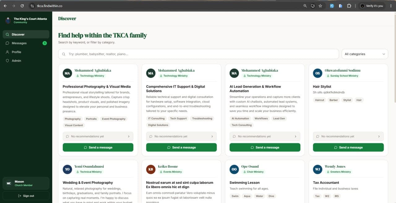 Member 'Discover' screen — search and browse services within the congregation