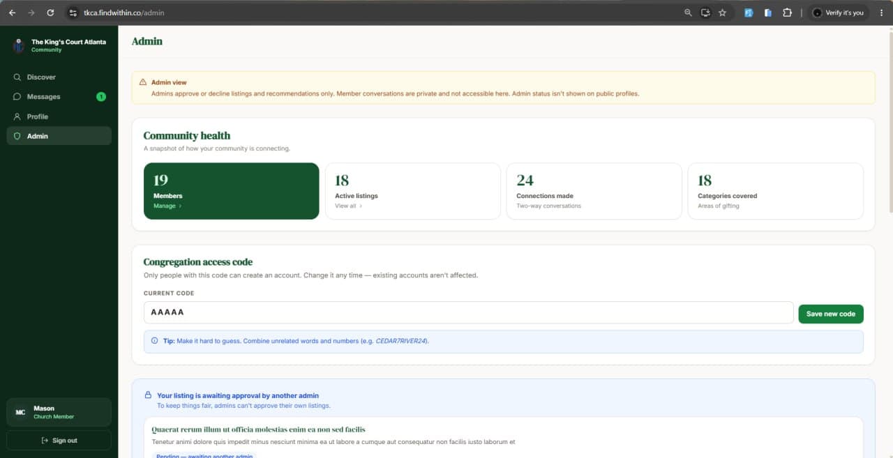Per-congregation admin — approvals, community health, and access code