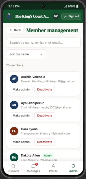 Mobile admin — member management from the installed app