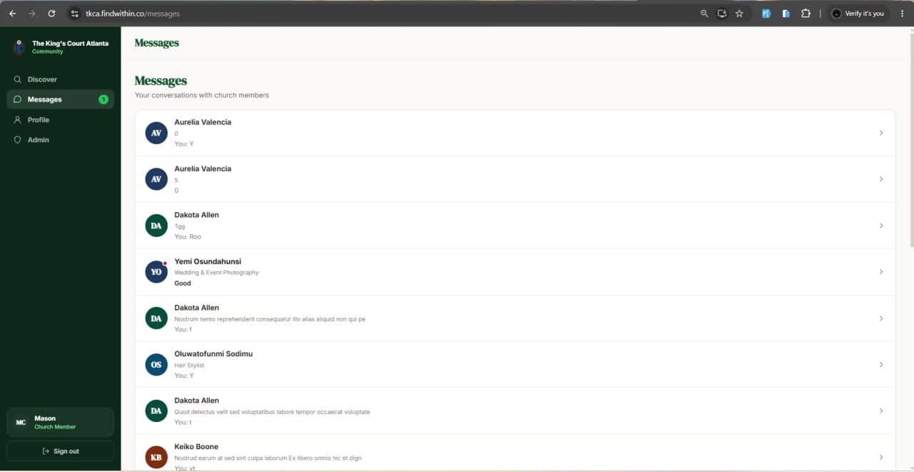 Real-time messages inbox listing member conversations
